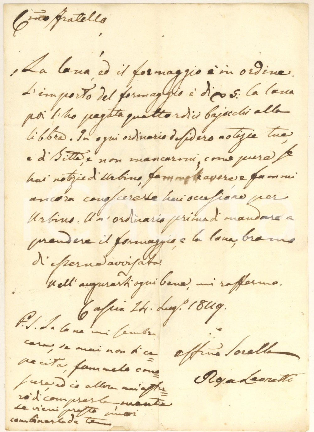 Manoscritto, lettera originale 1849 CASCIA Lettera Rosa LEONETTI su ordine di lana e formaggio Autografo 1