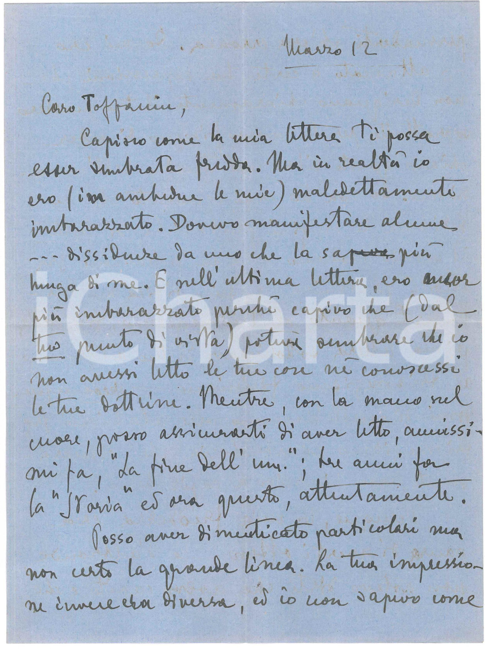 1945 ca s. l. Mario Manlio ROSSI in dissidio con le tesi di un collega AUTOGRAFO Lettera autografa del filosofo e anglista Mario Manlio Rossi, a un collega del quale non aveva apprezzato integralmente le tesi espresse in un saggio.PAGINE: 4 facciate FAIR/discreto piegature d'epoca  originale e autentica 1