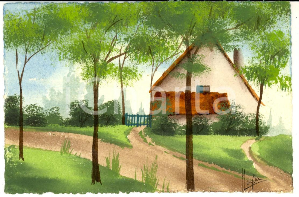 Cartolina originale da collezione 1920 ca FRANCIA Una casa nel bosco Cartolina postale d epoca DIPINTA A MANO 1