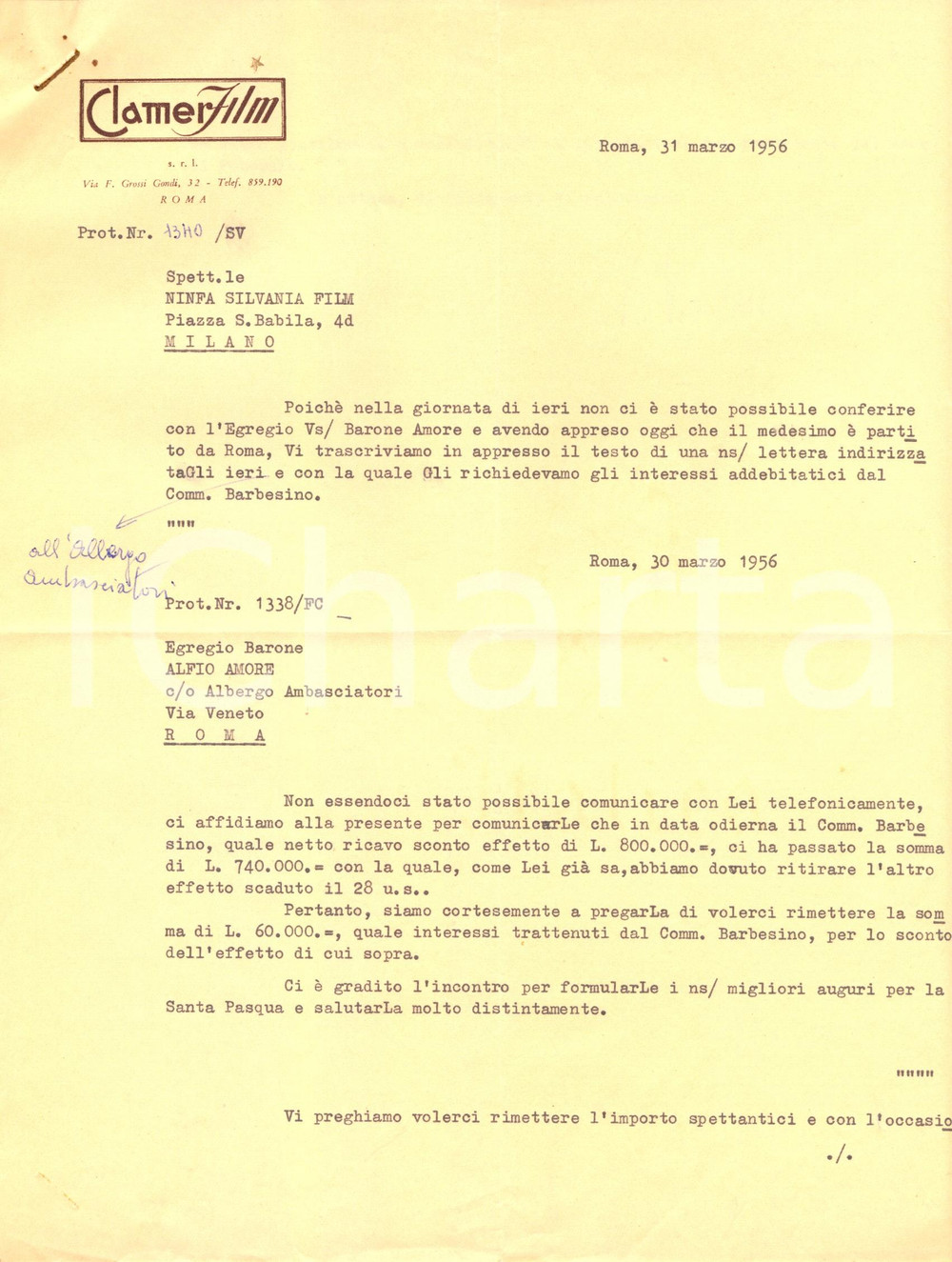 Documento originale, autentico 1956 ROMA CINEMA CLAMER FILM chiede arretrati a NINFA SILVANIA FILM Lettera 1