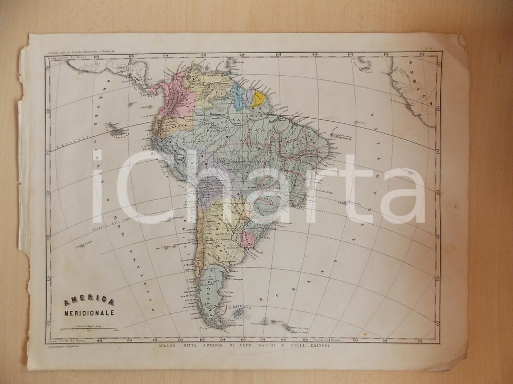 Stampa, bozzetto originale 1880 ca MALFATTI  CARABELLI Atlante Geografico  America meridionale Tav. 11 1