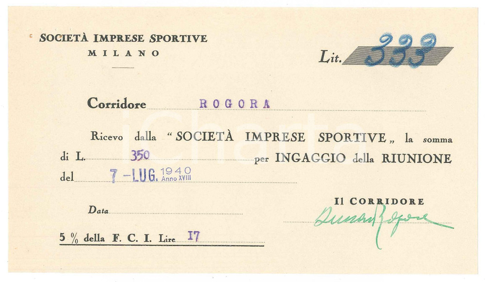 Autografo originale 1940 CICLISMO MILANO Ricevuta Bernardo ROGORA per ingaggio VIGORELLI Autografo 1