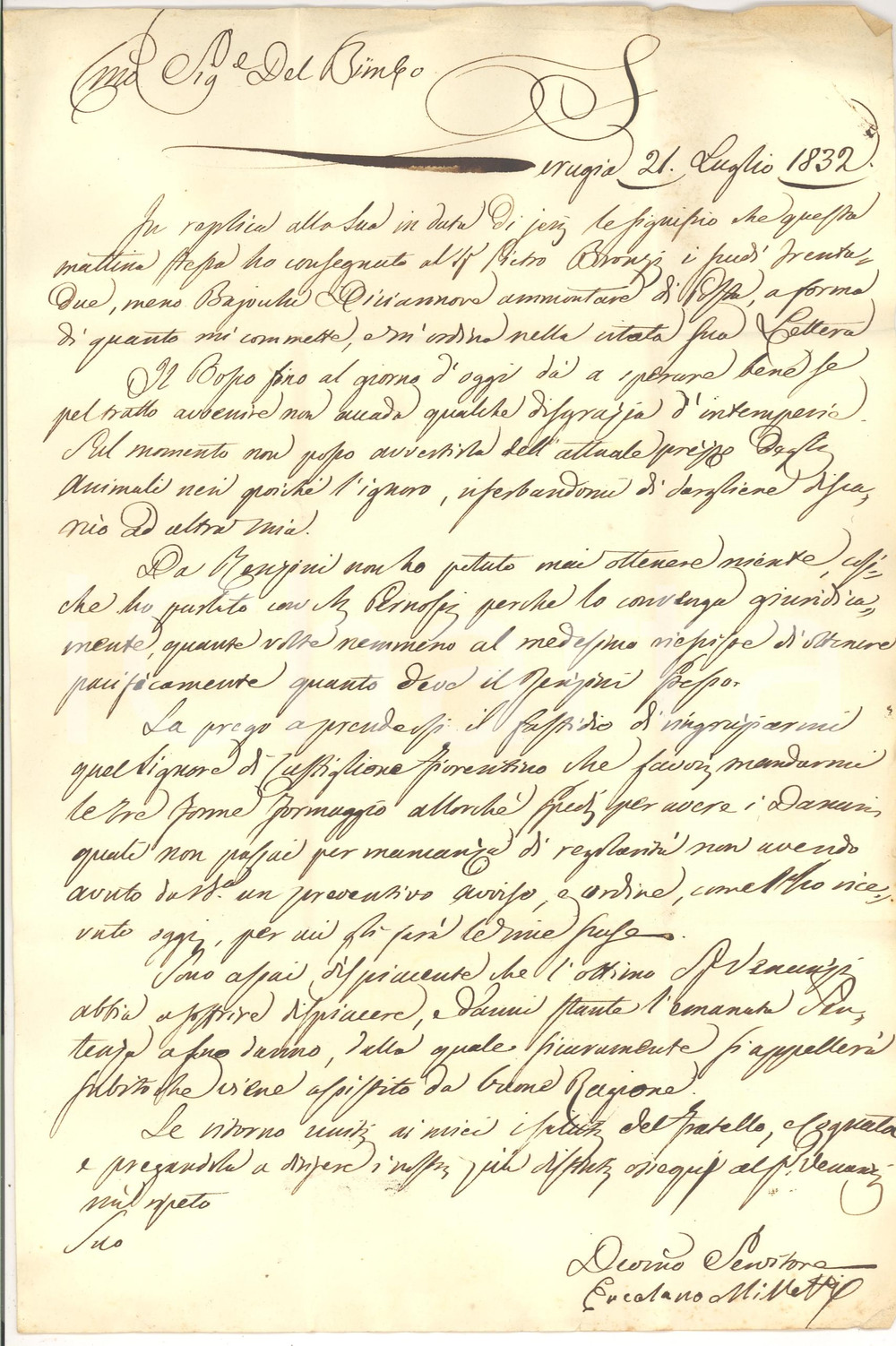 Manoscritto, lettera originale 1832 PERUGIA MILLETTI ringrazia DEL BIMBO per formaggio 1