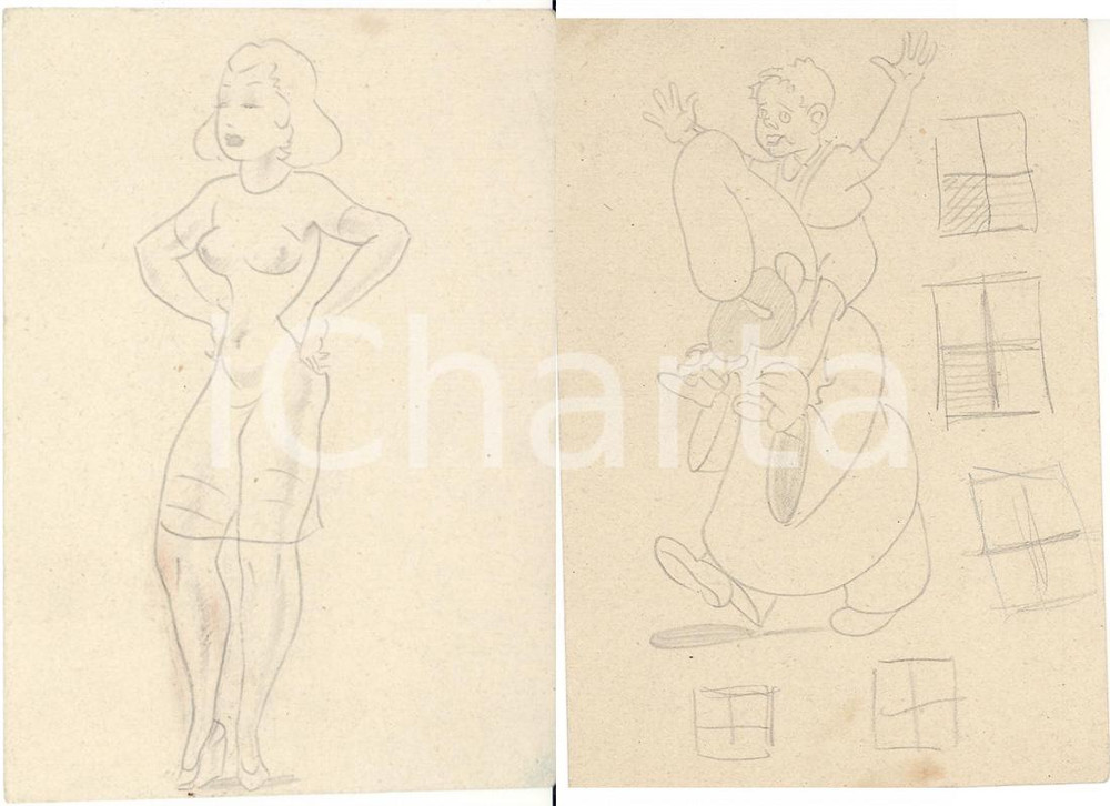 Stampa, bozzetto originale 1945 MILANO BOZZETTI SATIRICI Donna in abito trasparente e bimbo con Pulcinella 1