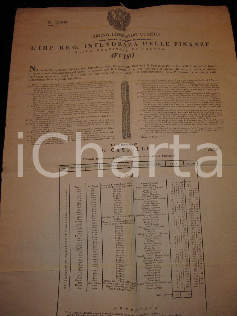 Documento originale, autentico 1833 PADOVA Asta beni ecclesiastici CASALE DI SCORDOSIA URBANA MERLARA 52 x 73 1