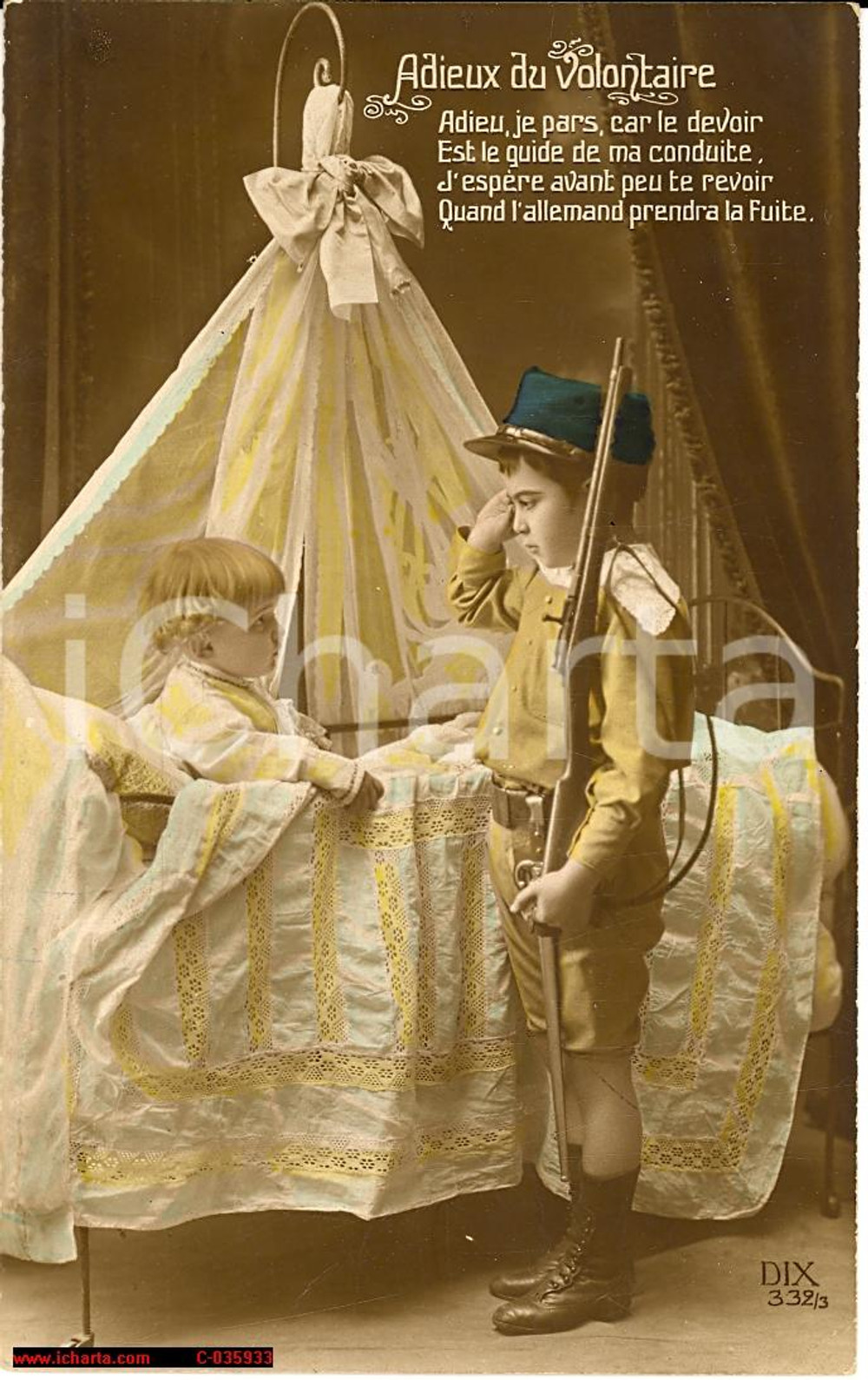 Cartolina originale da collezione 1916 WW1 Adieux du Volontaire Bambino in armi 1