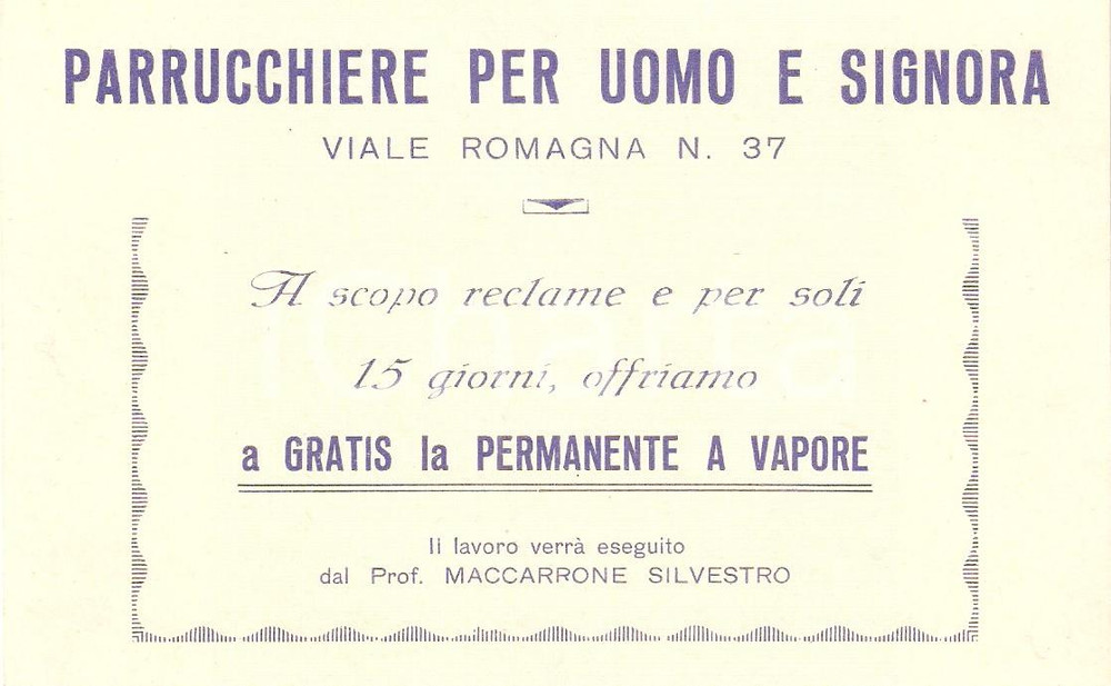 Materiale pubblicitario d’epoca 1950 ca MILANO Silvestro MACCARRONE Parrucchiere uomo e signora *Cartoncino 1