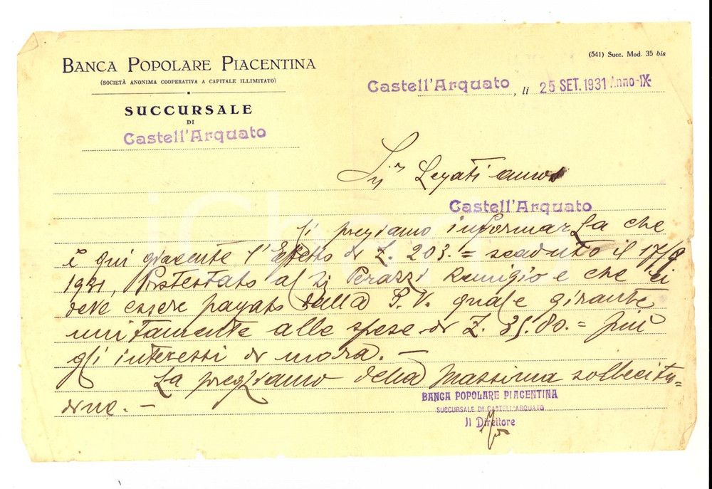 Documento originale, autentico 1931 CASTELL ARQUATO Memorandum BANCA POPOLARE PIACENTINA su cambiale scaduta 1