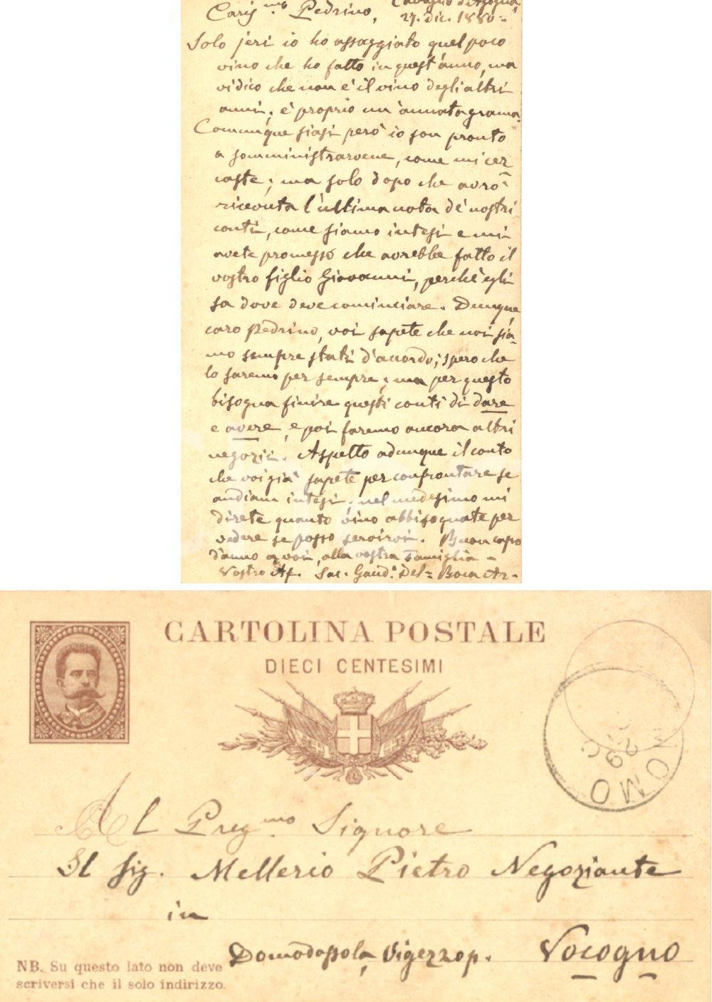 Cartolina originale da collezione 1880  CAVAGLIO D'AGOGNA (NO) Gaudino DEL BOCA chiede saldo a Pietro MELLERIO 1