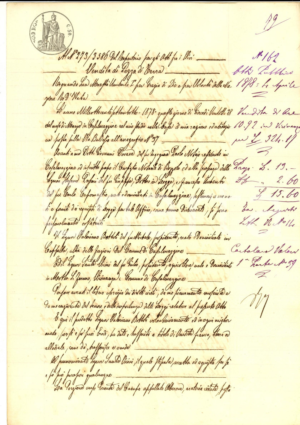 Documento originale, autentico 1878 VICINANZA CR Valeriano BOTTOLI vende campo ALBERONE a Sante ORSINI 1