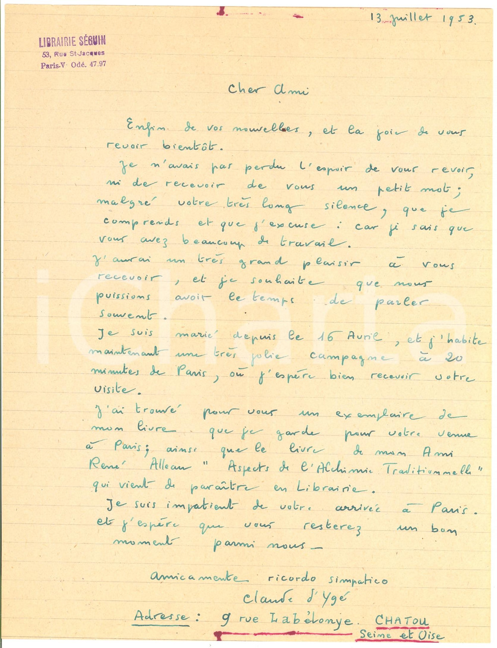 Autografo originale 1953 PARIS Claude D YGE consiglia René ALLEAU  Autograph 1