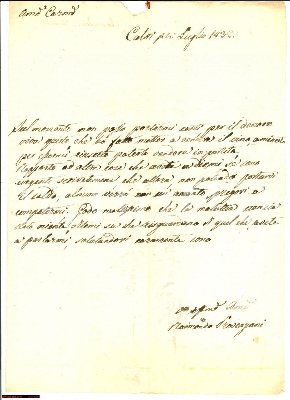 Manoscritto, lettera originale 1832 CALVI DELL'UMBRIA (TR) Vino di Raimondo PROVENZANI 1