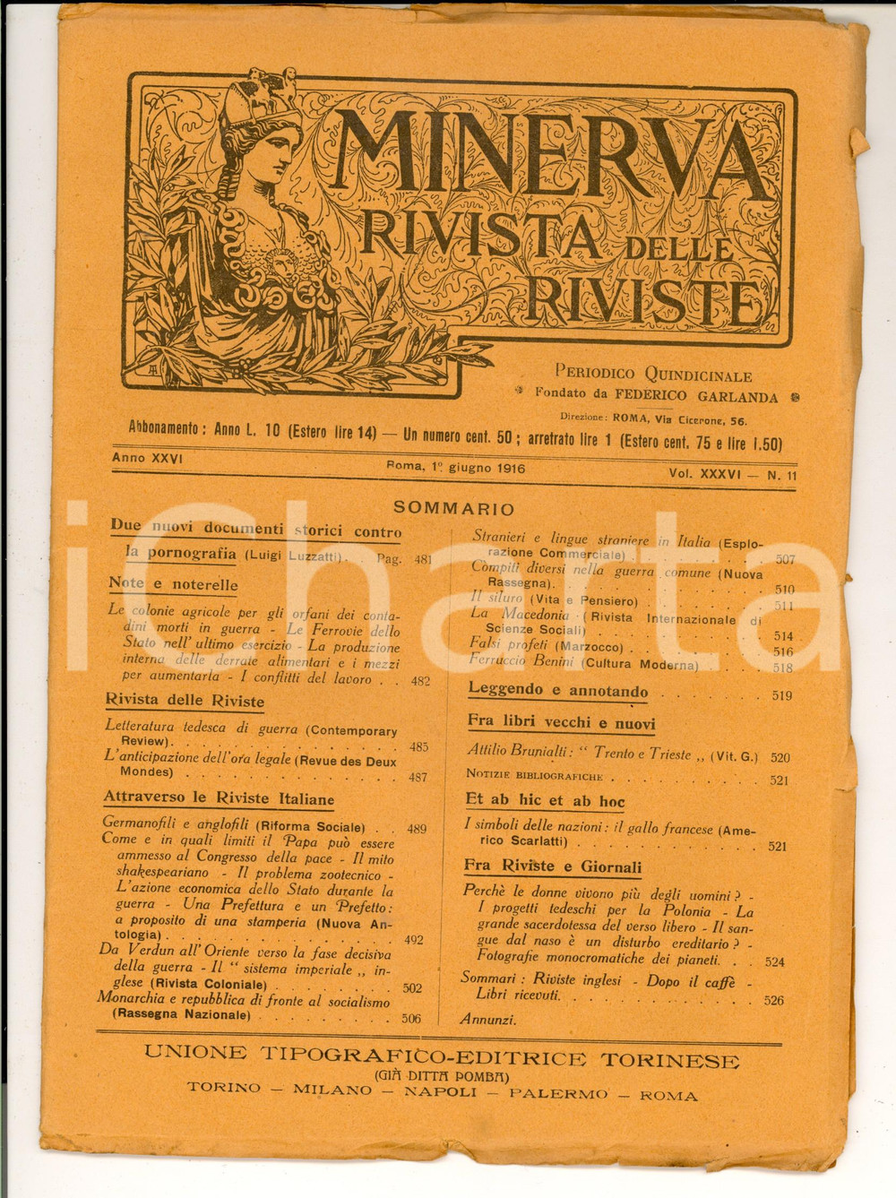 Giornale, rivista storica 1916 MINERVA Rivista delle Riviste  Contro la pornografia Anno XXVI nÂ° 11 1