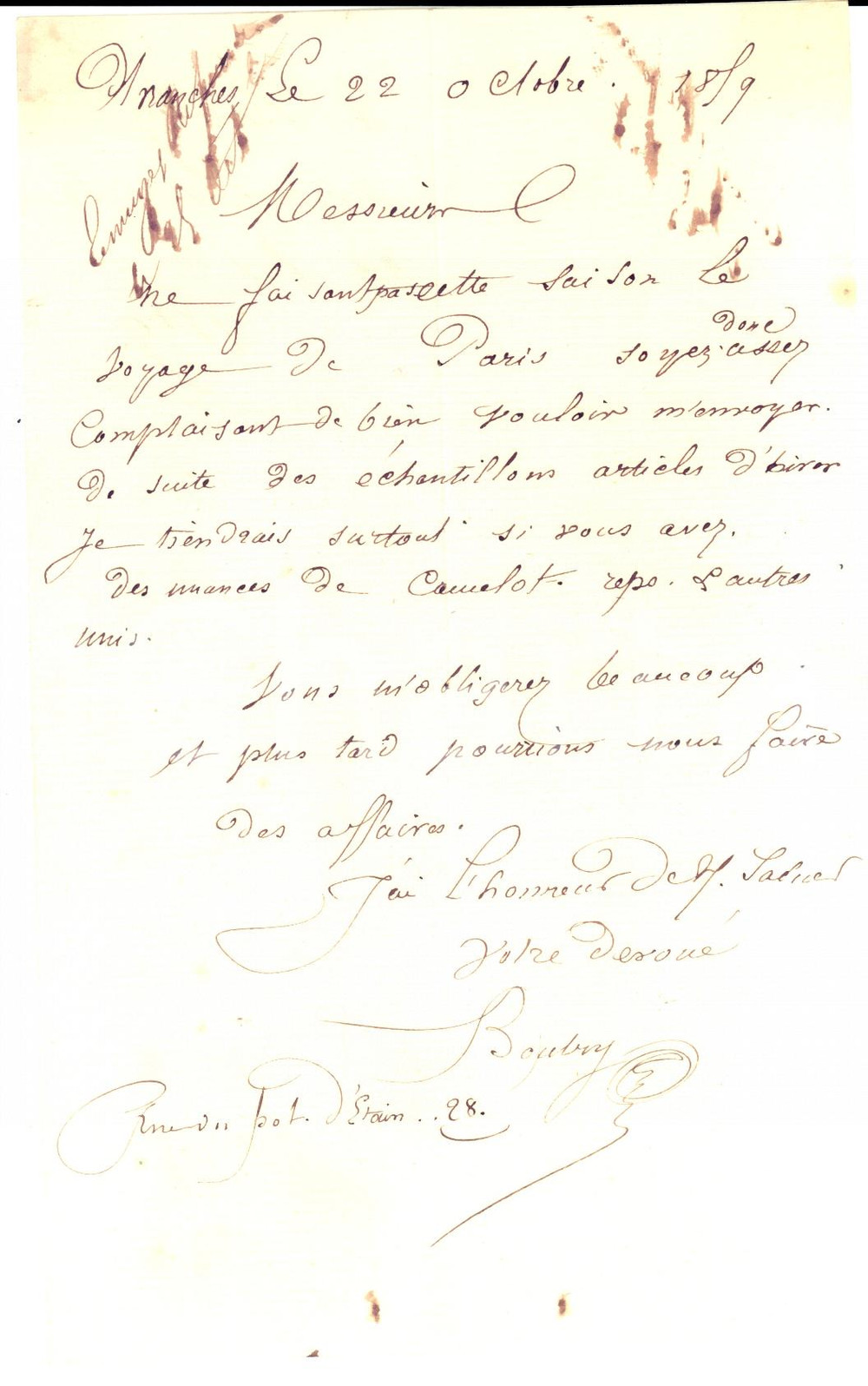 Documento originale, autentico 1859 AVRANCHES F Nuances de camelot pour BOUTRY tissus Lettre 1