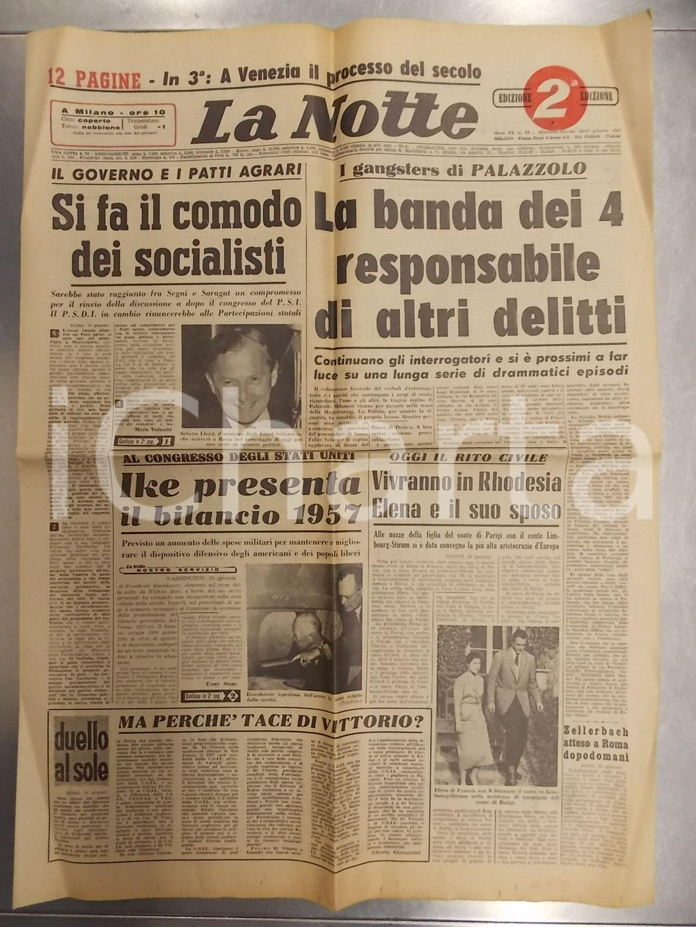 Giornale, rivista storica 1957 LA NOTTE Gangsters di PALAZZOLO MILANESE omicidio Felice SOLARO Banco DESIO 1