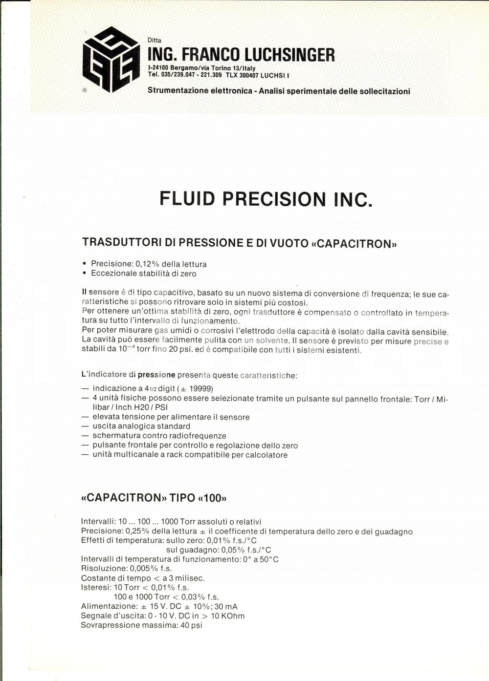 1980 ca TORINO Ditta Franco LUCHSINGER Fluid Precision Inc. - Trasduttori 