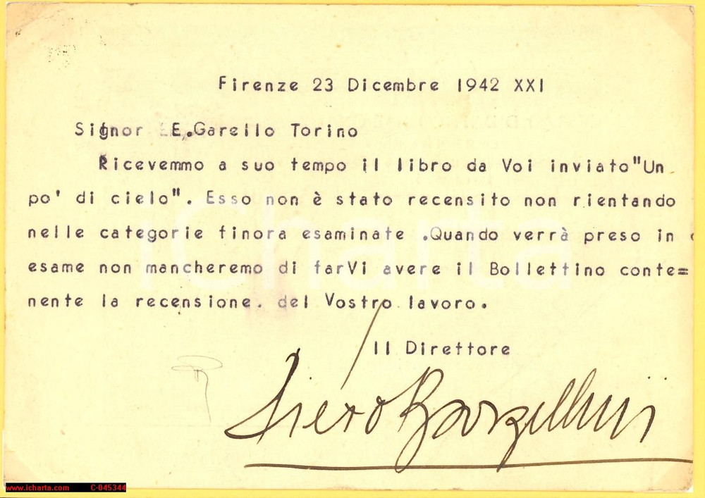Autografo originale 1942 FIRENZE Piero BARGELLINI biglietto firma AUTOGRAFA 1