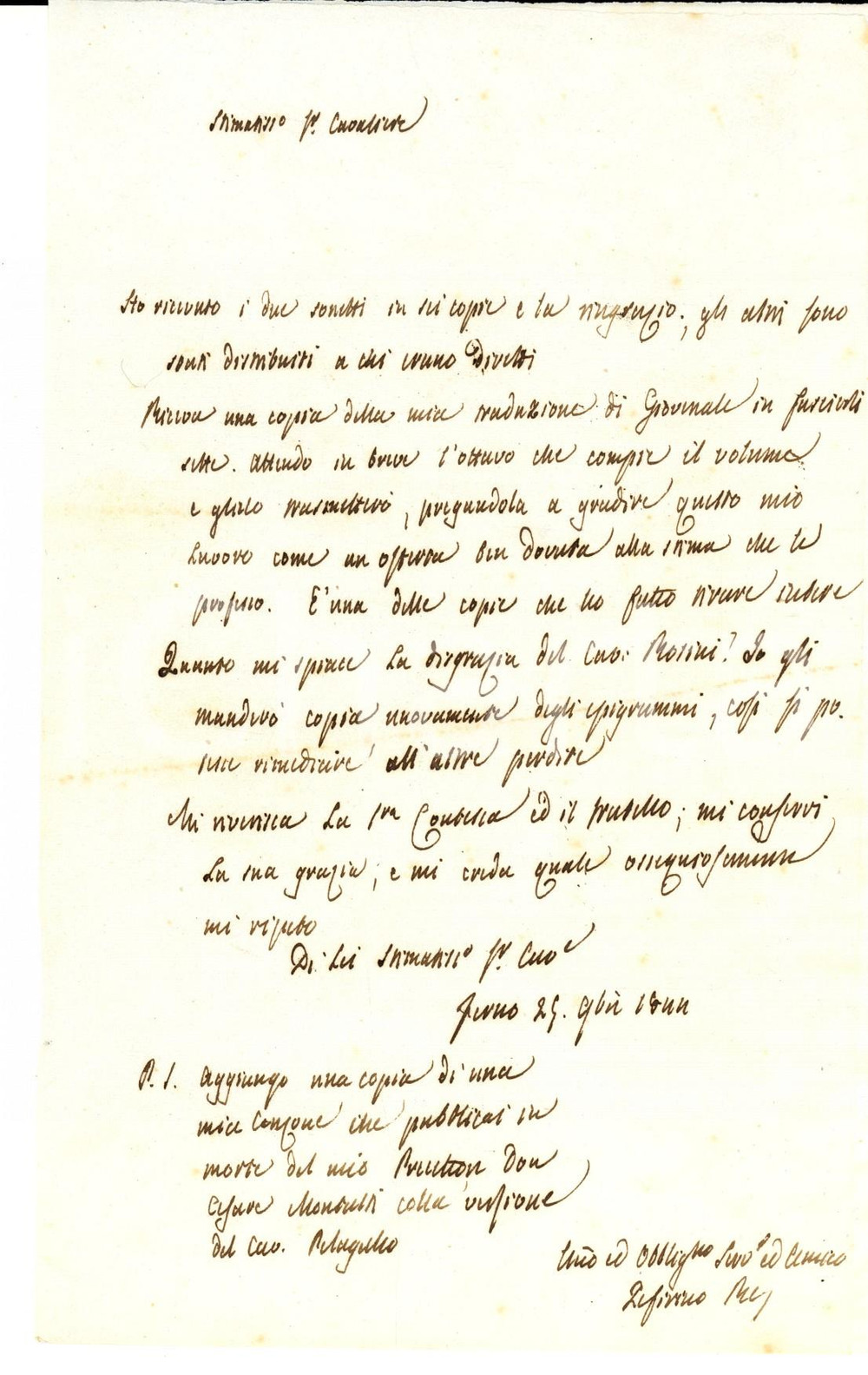 Manoscritto, lettera originale 1844 FERMO Zeffirino RE invia copia della traduzione di Giovenale *Autografo 1