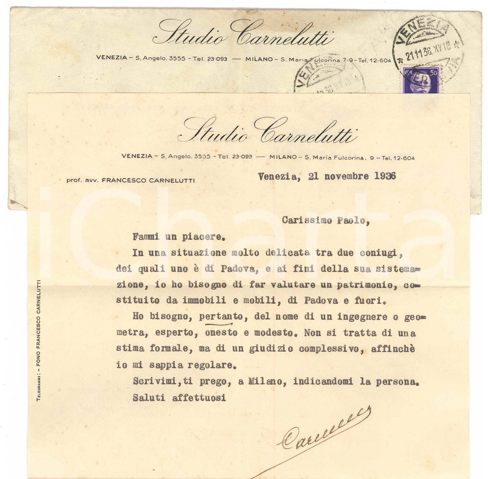 Autografo originale 1936 VENEZIA S. Angelo  Lettera Francesco CARNELUTTI per valutazione Autografo 1