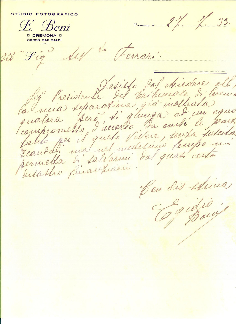 Autografo originale 1933 CREMONA Fotografo Egidio BONI chiede separazione senza scandali AUTOGRAFO 1