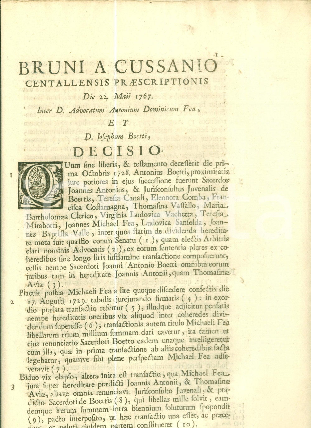 Documento originale, autentico 1767 CENTALLO CN Lite per ereditÃ  tra Antonio Domenico FEA e Giuseppe BOETTI 1