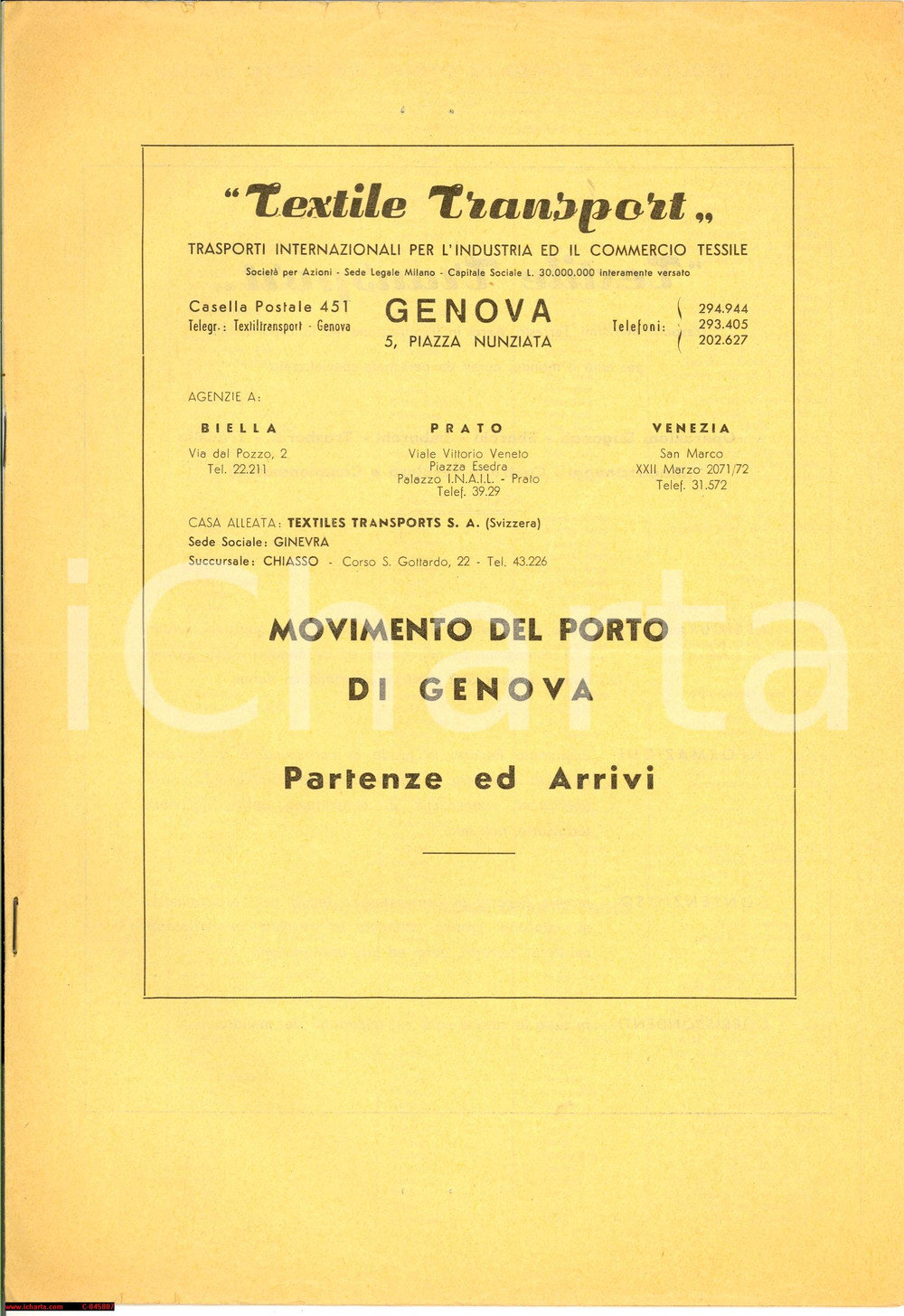 Documento originale, autentico 1963 GENOVA Movimenti vapori al porto TEXTILE TRANSPORT 1