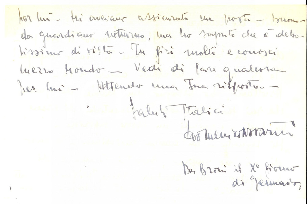 Autografo originale 1950 ca BRONI Domenico NOVARINI raccomanda un conoscente *Autografo 1