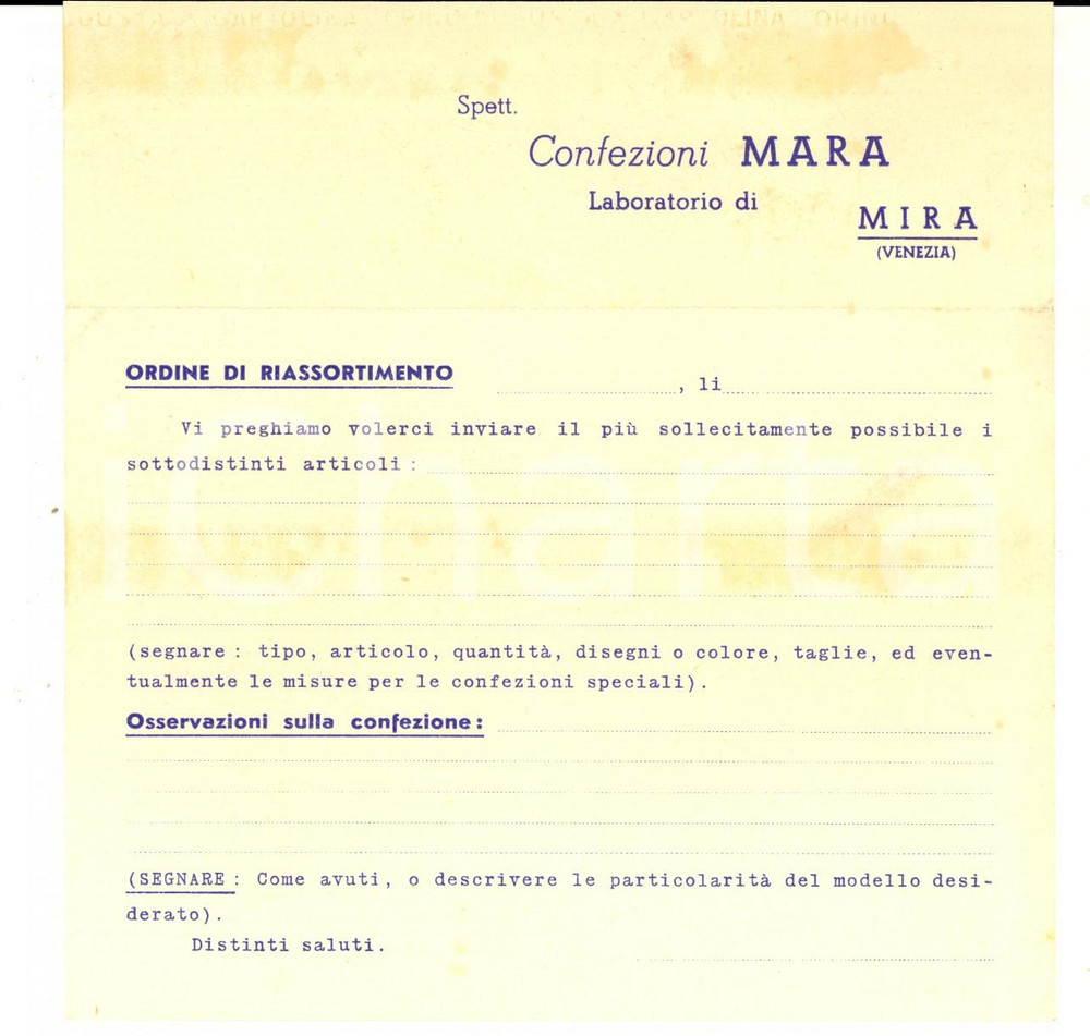 Oggetto da collezione cartaceo 1950 ca MIRA VE Cartolina CONFEZIONI MARA per riassortimento NON COMPILATA 1