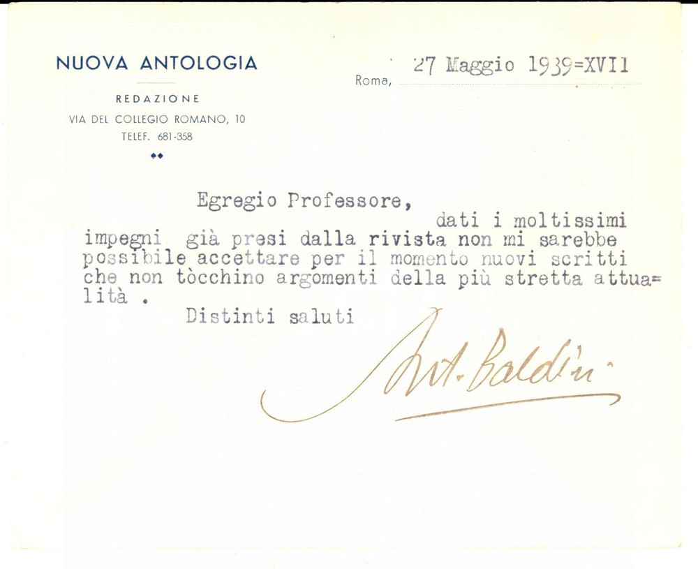 Autografo originale 1939 ROMA NUOVA ANTOLOGIA Antonio BALDINI rifiuta manoscritto *AUTOGRAFO 1