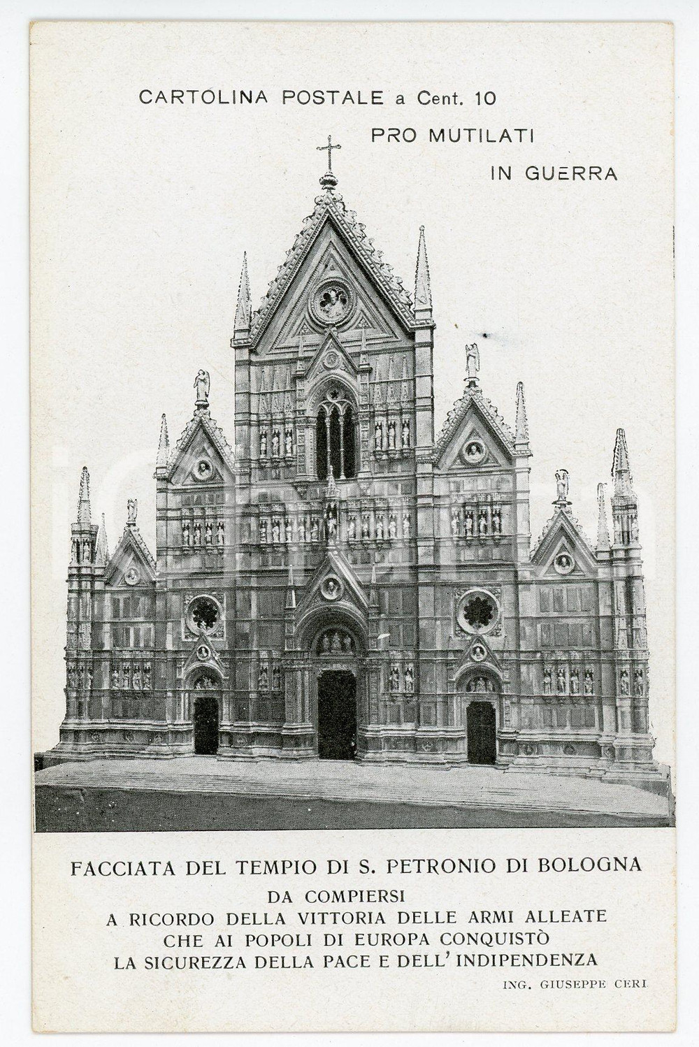 1915 ca WW1 BOLOGNA San Petronio Progetto facciata Ing. Giuseppe CERI Cartolina  Cartolina postale d'epoca, non viaggiata. FAIR/discreto Lievi smussature agli angoli Formato: FP originale e autentica 1