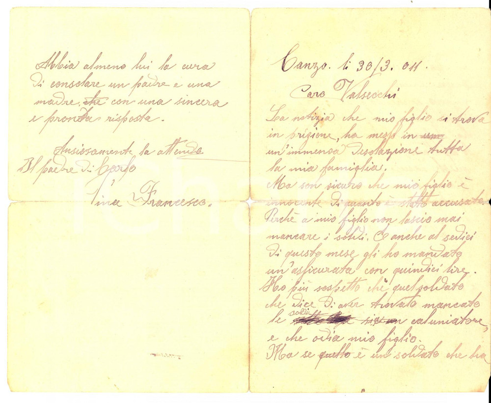 Manoscritto, lettera originale 1911 CANZO CO Francesco PINA difende il figlio accusato di furto Lettera 1