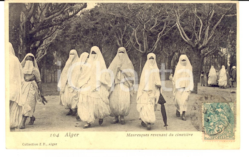 Cartolina originale da collezione 1906 COSTUMES ALGERIE Mauresques revenant du cimetiÃ¨re FP VG 1