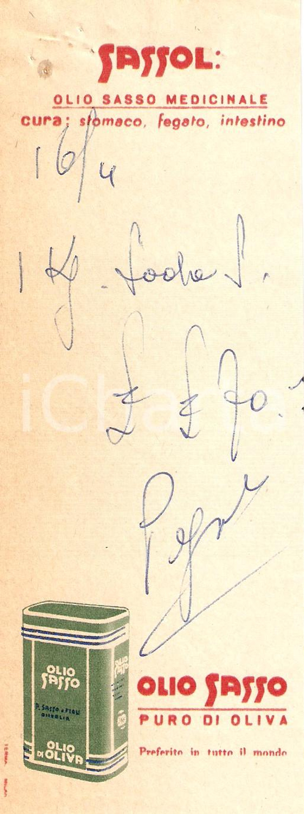 Materiale pubblicitario d’epoca 1965 ca OLIO SASSO Olio medicinale SASSOL *Ricevuta ILLUSTRATA 1
