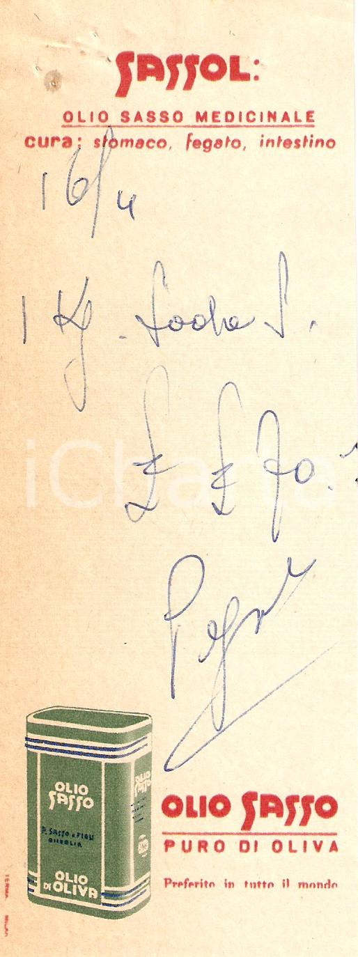 Materiale pubblicitario d’epoca 1965 ca OLIO SASSO Olio medicinale SASSOL Ricevuta ILLUSTRATA 1