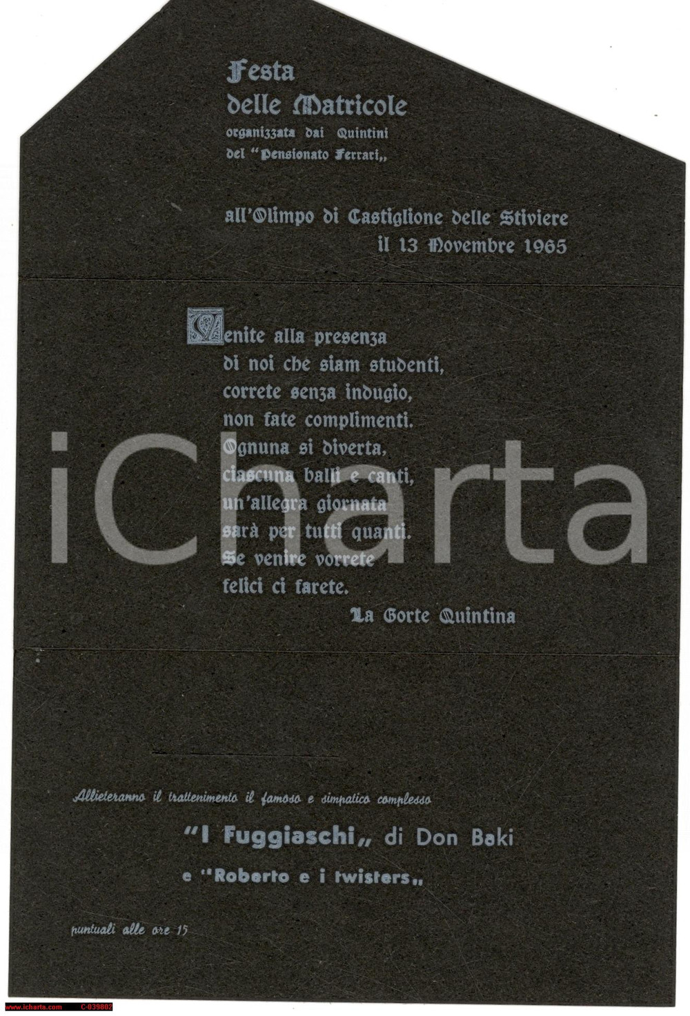 Oggetto da collezione cartaceo 1965 CASTIGLIONE DELLE STIVIERE Festa delle matricole del Collegio FERRARI 1