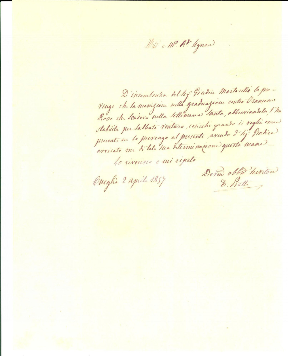 Manoscritto, lettera originale 1857 ONEGLIA IM Giudizio di graduazione contro Francesco ROSSO Lettera 1