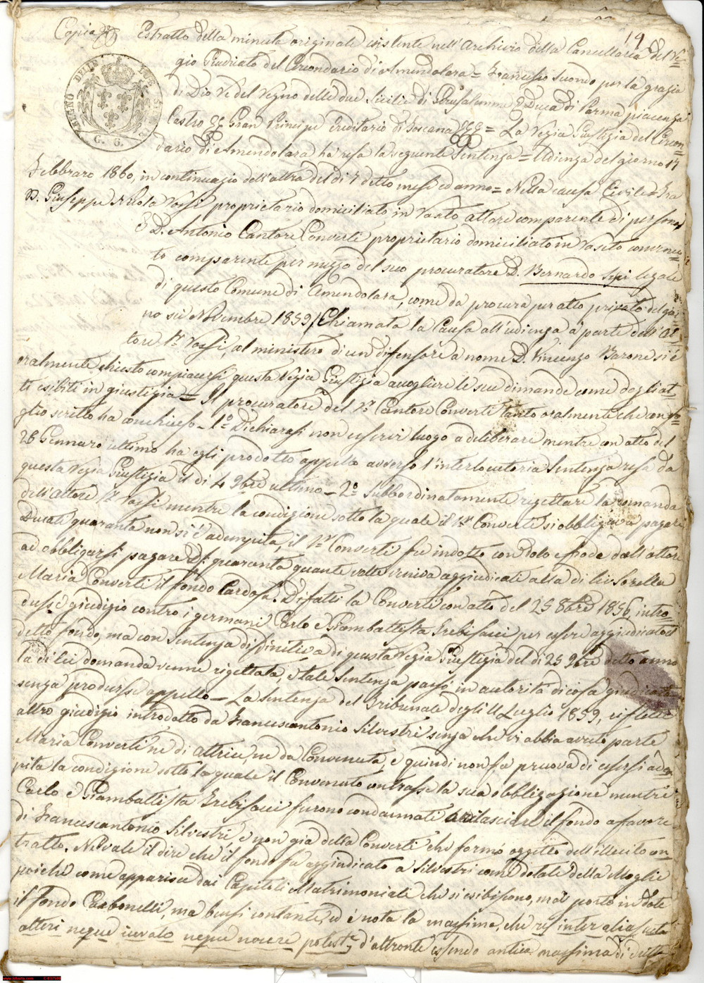 Documento originale, autentico 1860 ROSETO DEGLI ABRUZZI (TE) Lite tra Giuseppe Nicola ROSSI e Antonio CONVERTI 1