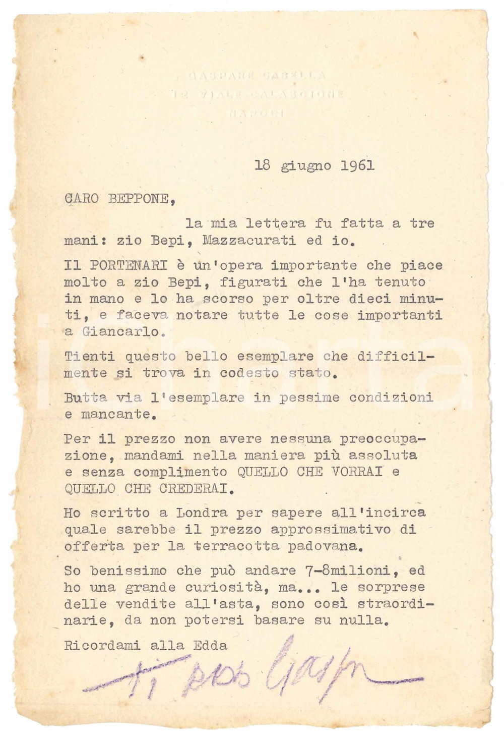 Autografo originale 1961 NAPOLI Lettera Gaspare CASELLA sull opera di Portenari  Autografo 1