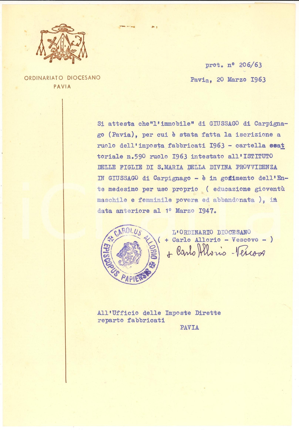 Autografo originale 1963 GIUSSAGO (PV) Autografo Vescovo Carlo ALLORIO 1