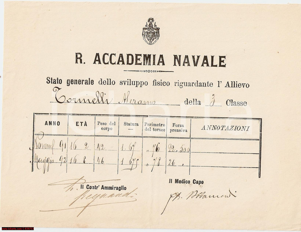 Documento originale, autentico 1892 LIVORNO Crescita Aleramo TORNIELLI Accademia Navale Attestato 1
