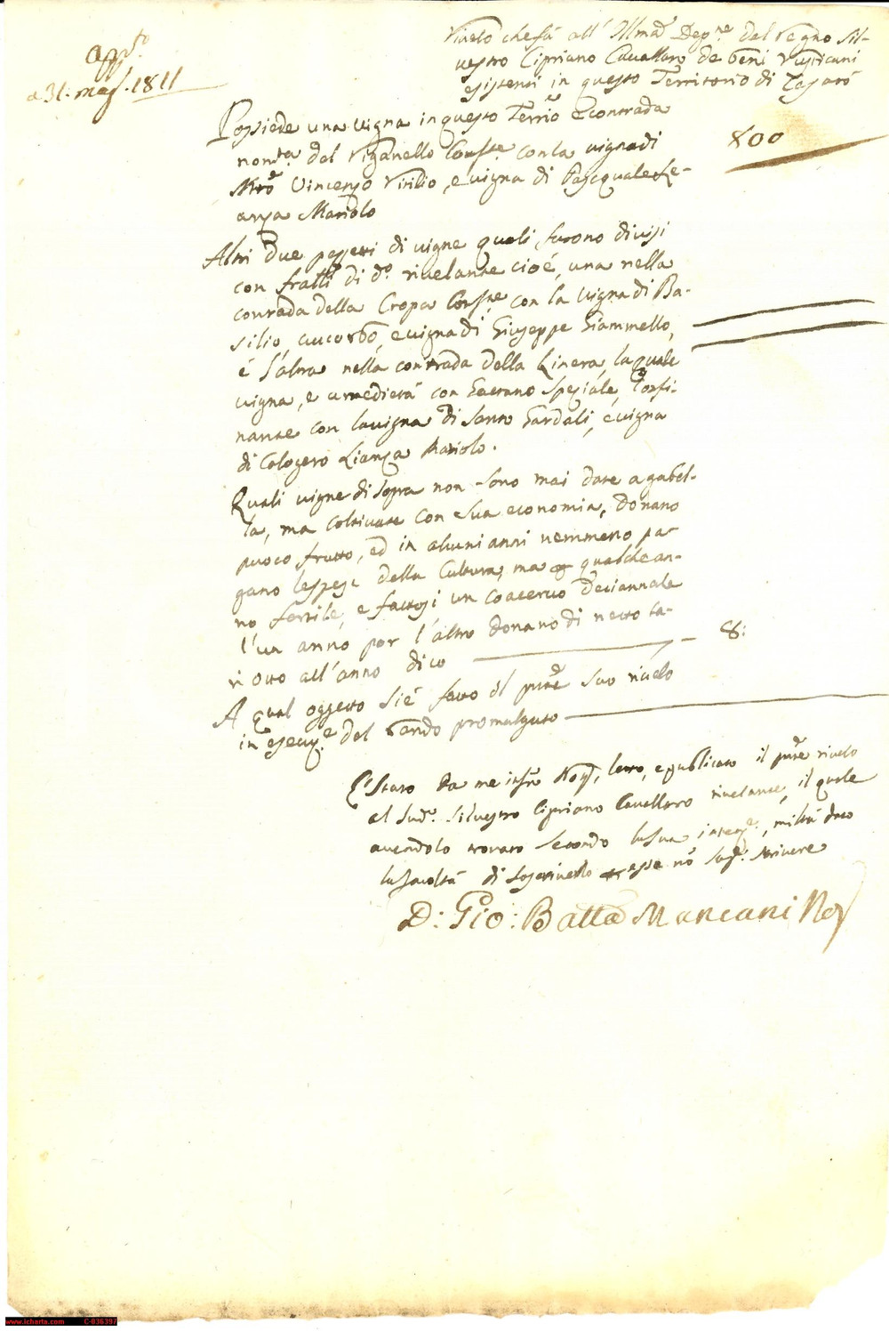 Documento originale, autentico 1811 CESARO' (ME) Vigneto di Silvestro Cavallaro 1