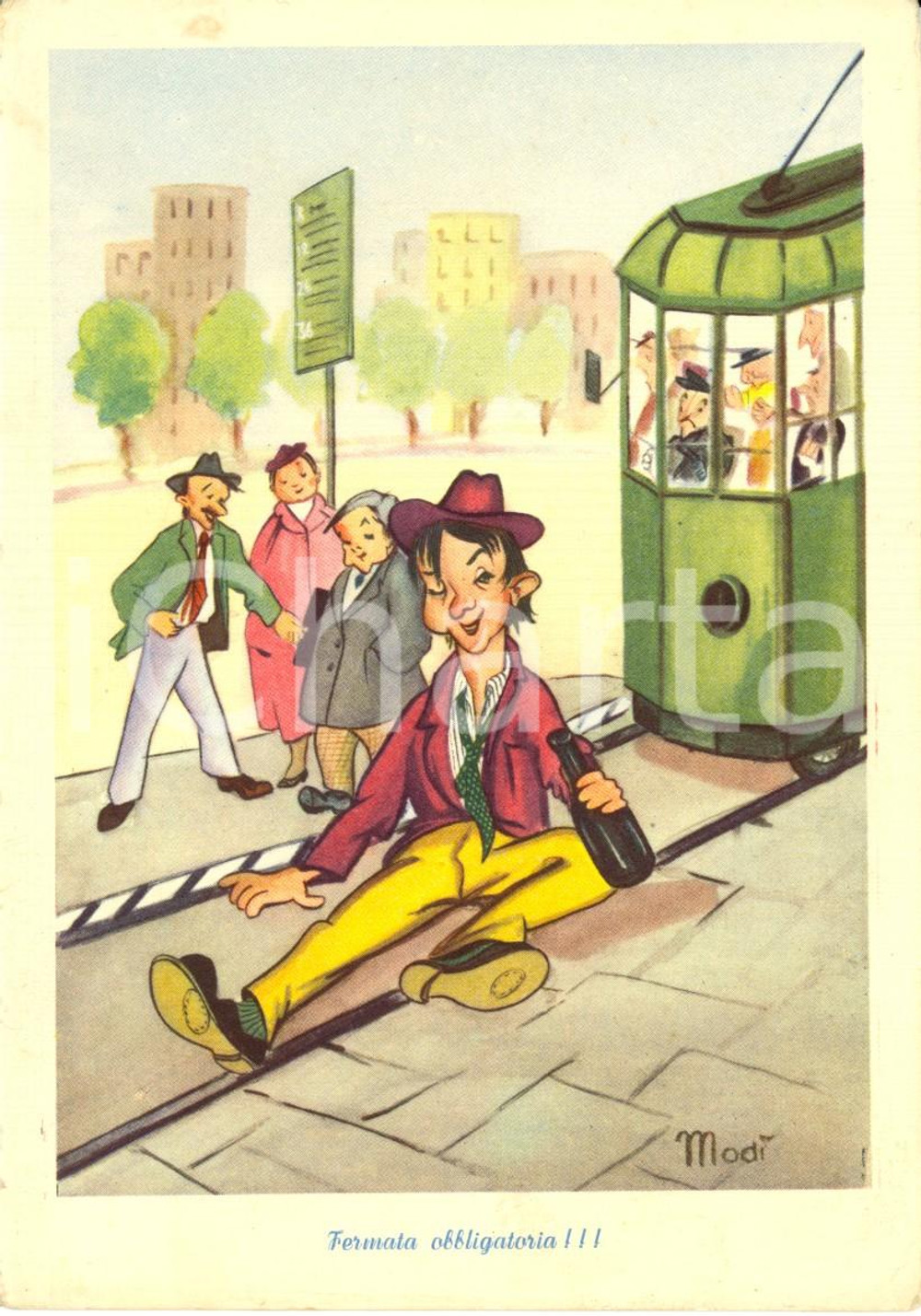 Cartolina originale da collezione 1960 ca SATIRA Ubriaco sui binari fa fermare il tram *Ill. MODI' Cartolina FG NV 1