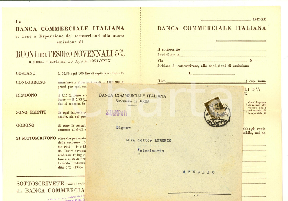 Materiale pubblicitario d’epoca 1942 IVREA Banca COMMERCIALE ITALIANA Acquisto BOT novennali Pubblicitario 1