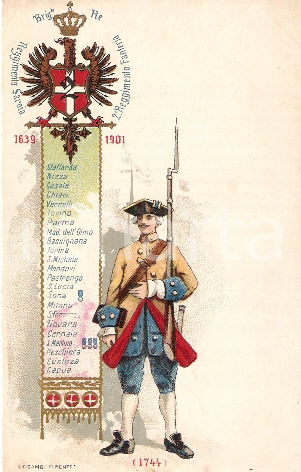 1900 ca BRIGATA RE 2° Reggimento Fanteria Reggimento SAVOIA Cartolina ILLUSTRATA
