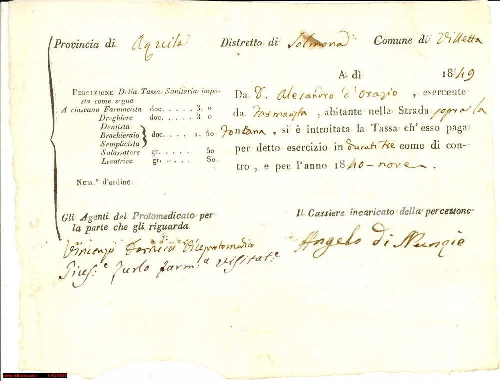 Documento originale, autentico 1849 VILLETTA BARREA AQ Alessandro D ORAZIO farmacista 1
