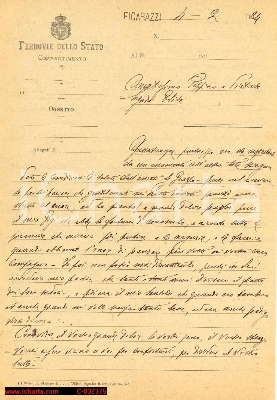 Documento originale, autentico 1924 FERROVIE DELLO STATO  FICARAZZI Condoglianze Guelfo Barbieri Lettera 1