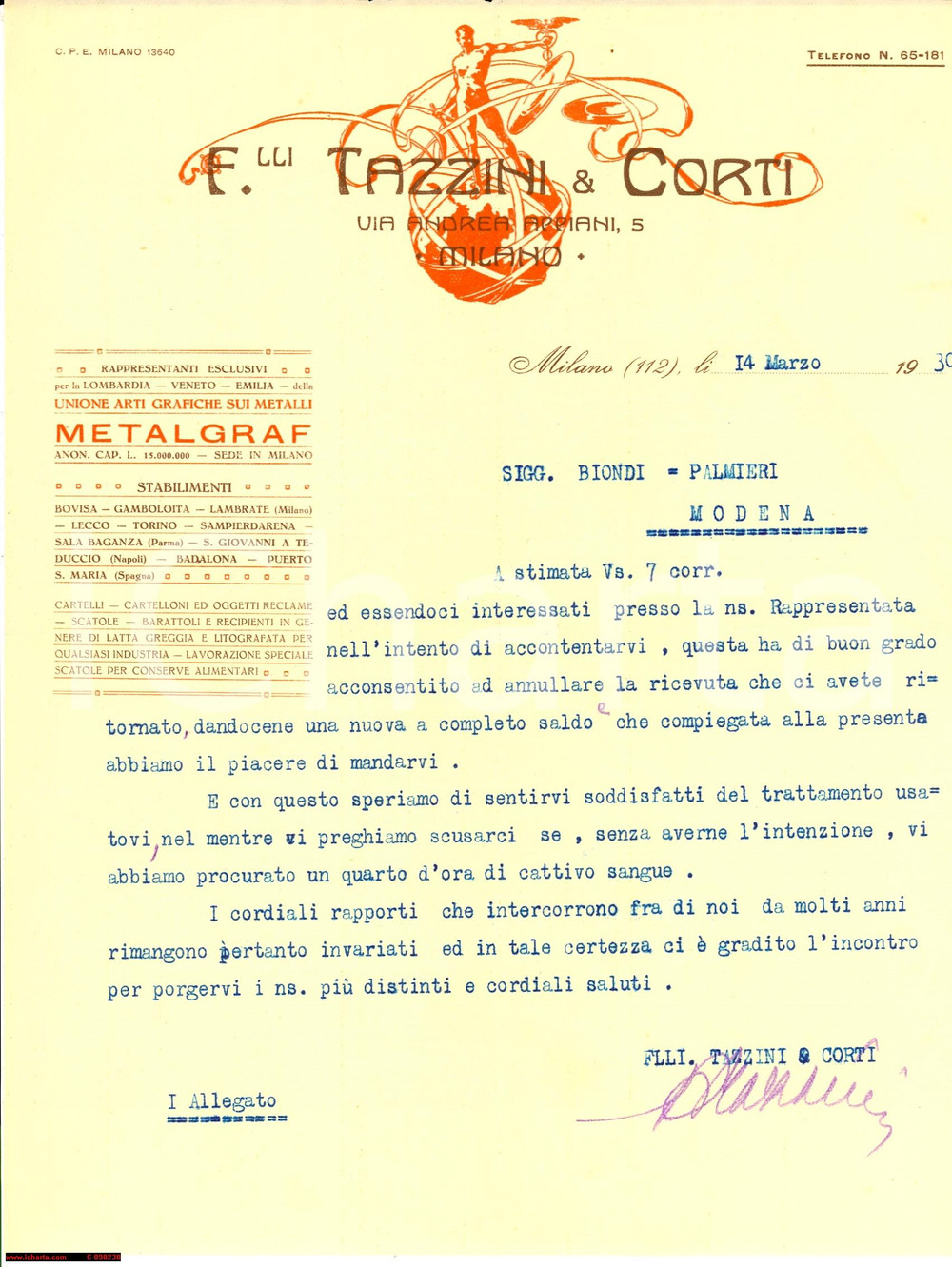 Manoscritto, lettera originale 1930 MILANO Via Appiani 5  F.lli TAZZINI & CORTI Arti Grafiche Lettera 1