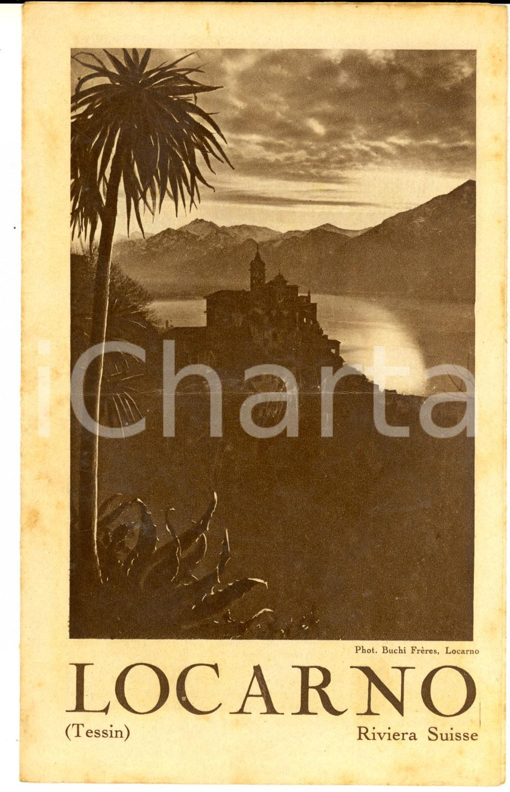 Materiale pubblicitario d’epoca 1930 ca LOCARNO SVIZZERA Veduta della riviera Pieghevole ILLUSTRATO FranÃ§ais 1