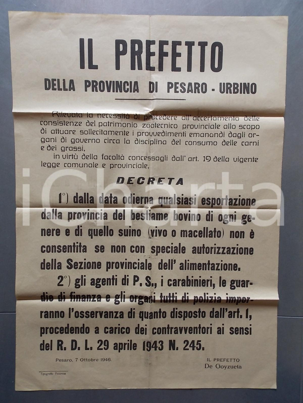 Documento originale, autentico 1946 PESARO Divieto di esportazione del bestiame bovino Manifesto 50 x 70 cm 1