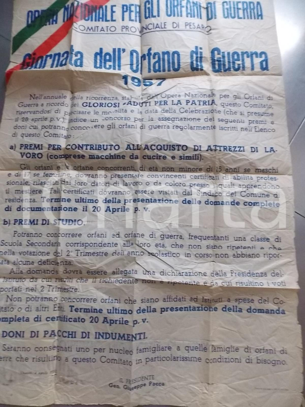 Documento originale, autentico 1957 PESARO Premi della Giornata dell ORFANO DI GUERRA Manifesto DANNEGGIATO 1